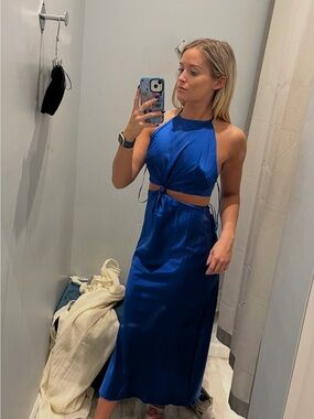 Royal Blue Satin Cutout Halter Midi Dress